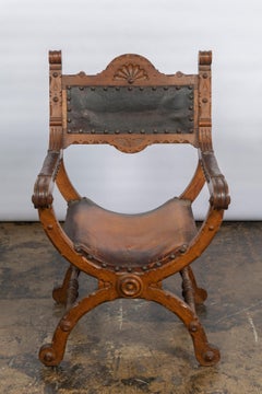 Antique Italian Armchair in Carved Wood and Leather