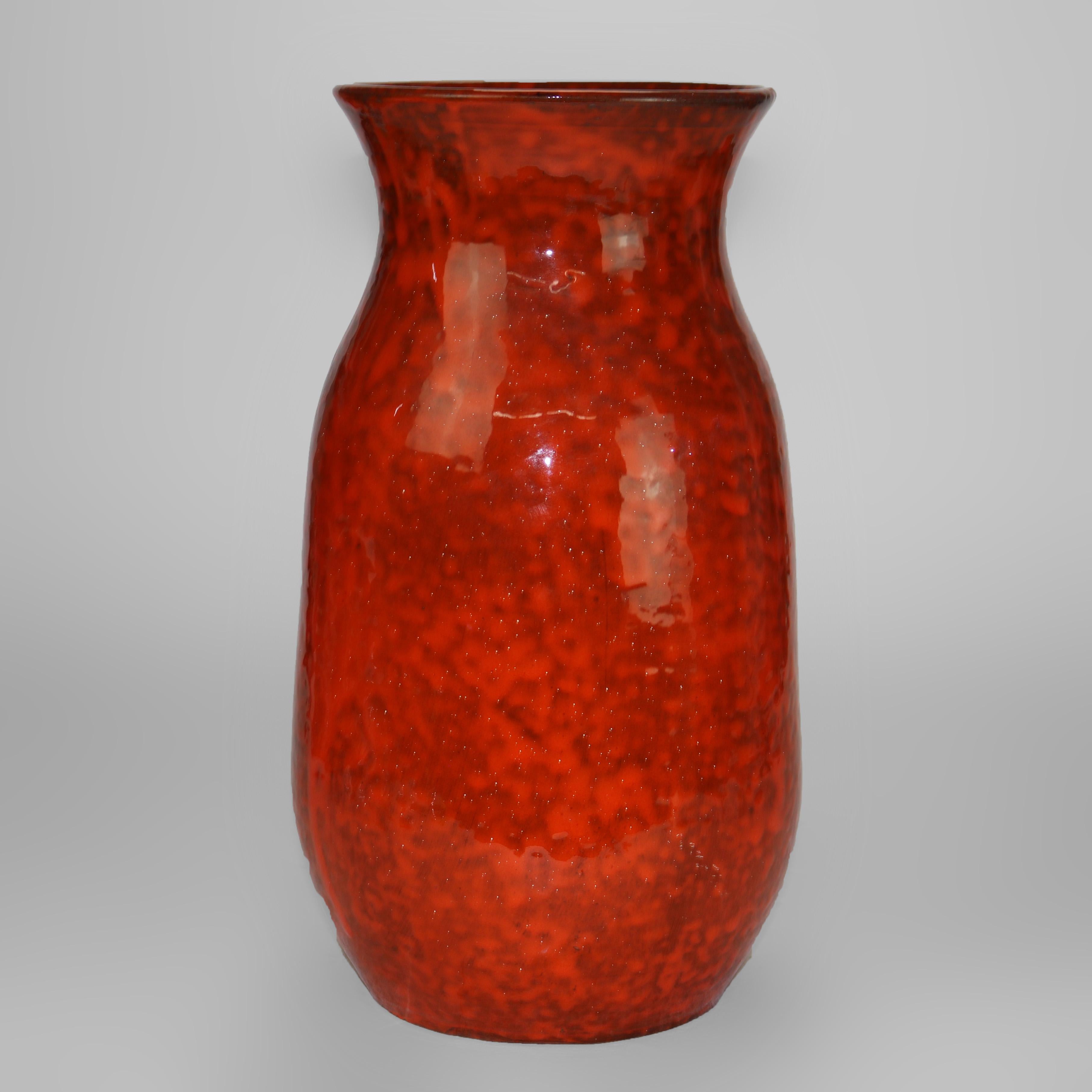 Antique Italian Arts & Crafts Mottled Orange Glazed Tall Pottery Vase c1920 In Good Condition For Sale In Big Flats, NY