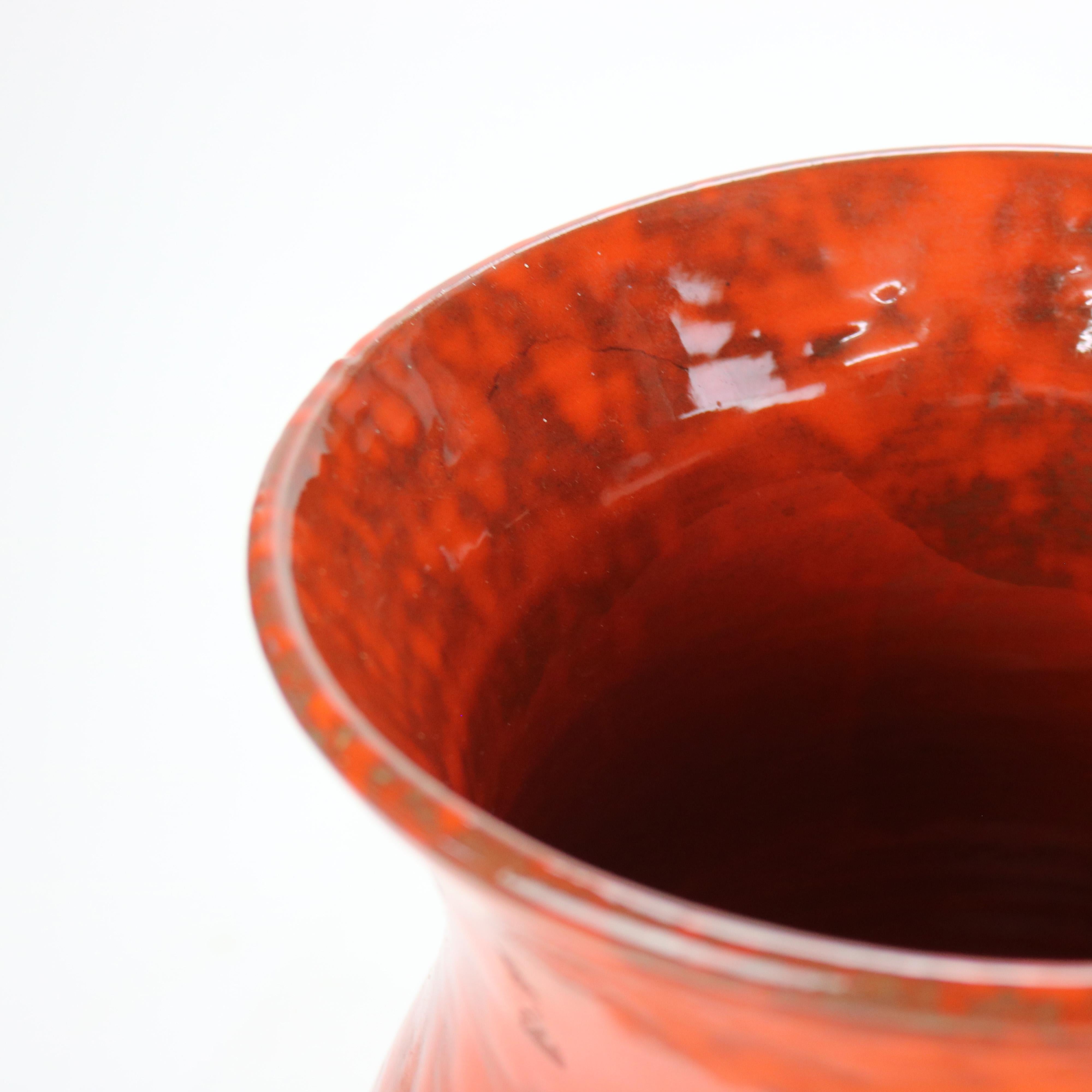 Antique Italian Arts & Crafts Mottled Orange Glazed Tall Pottery Vase c1920 For Sale 2