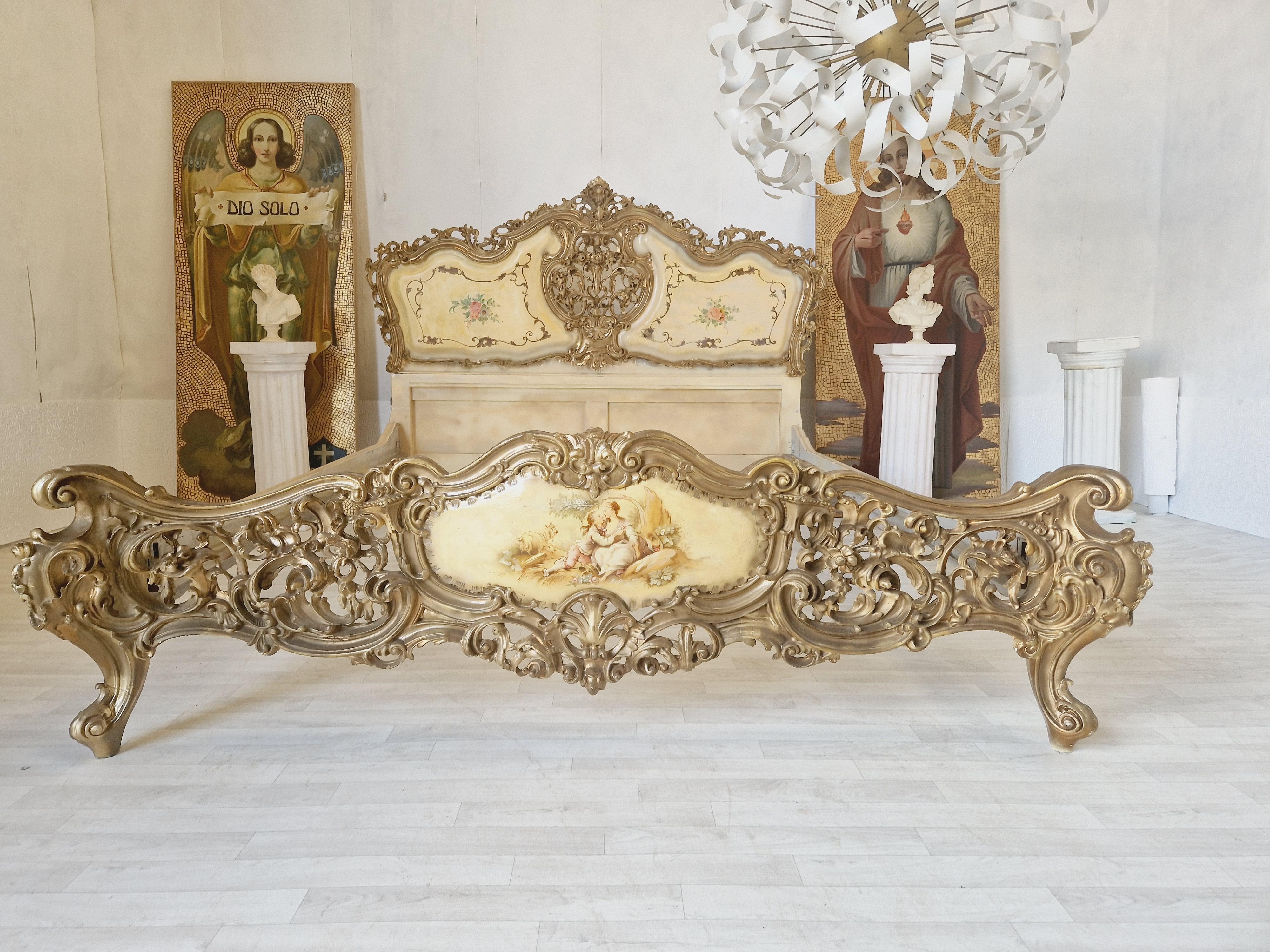 This beautiful antique bed from Italy is a masterpiece that will add elegance and sophistication to any bedroom. Crafted in the Venetian style, this rectangular-shaped bed features exquisite carvings and a stunning gold-painted finish. The headboard