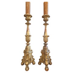 Antique Italian Baroque Carved Gilt Wood Tall Altar Pricket Candlestick Pair