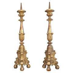 Antique Italian Baroque Carved Gilt Wood Tall Altar Pricket Candlestick Pair