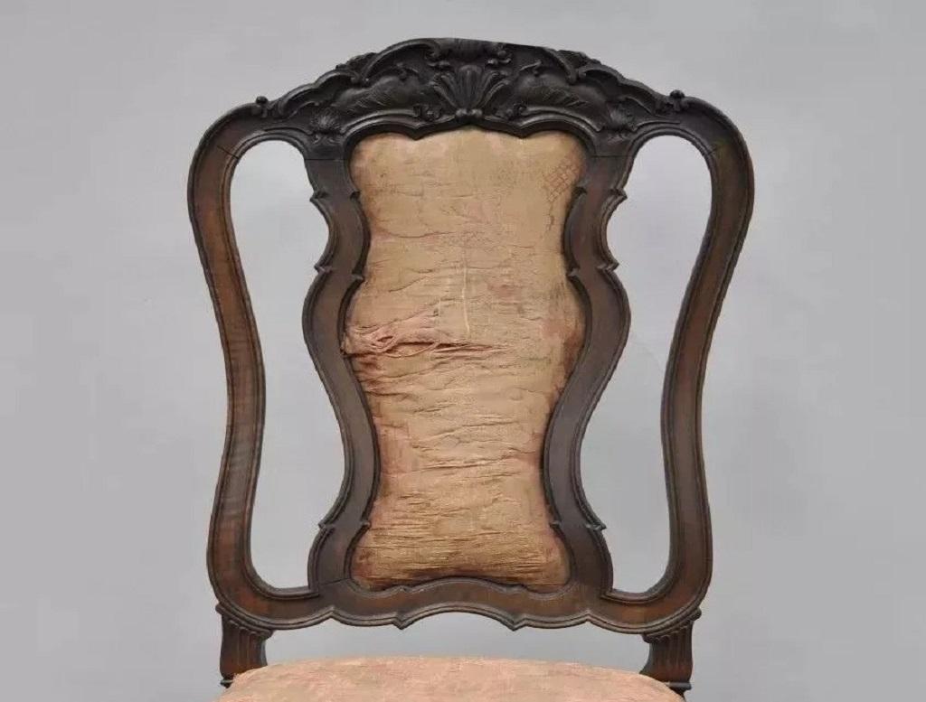 Unknown Antique Italian Baroque Carved Walnut Dining Chair French Style w/ Finished Back For Sale
