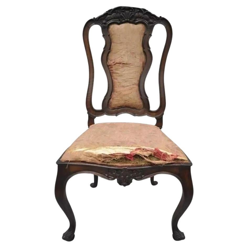 Antique Italian Baroque Carved Walnut Dining Chair French Style w/ Finished Back For Sale