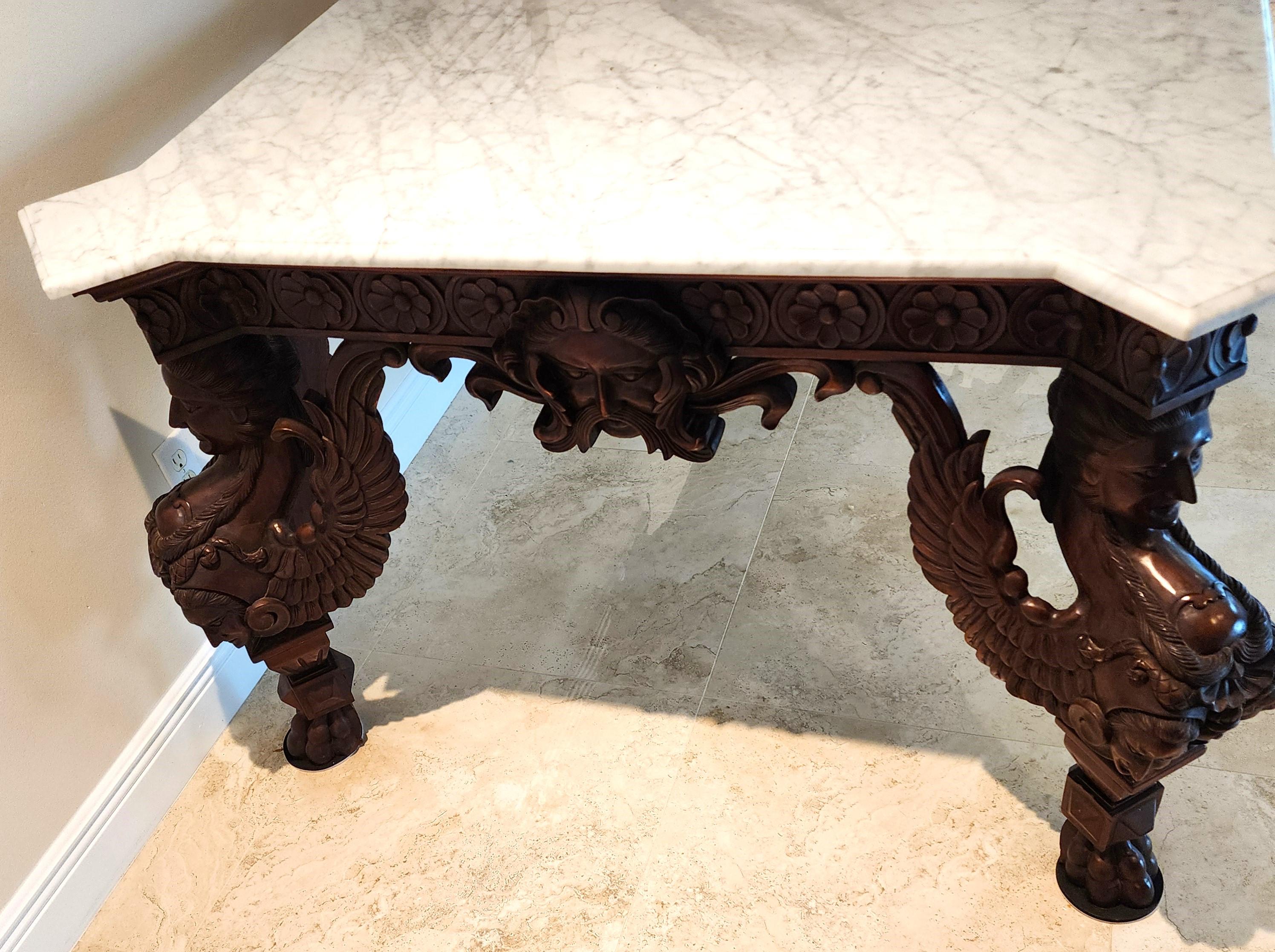 Ancienne table d'entrée de salle à manger baroque italienne en acajou  & Marbre en vente 6