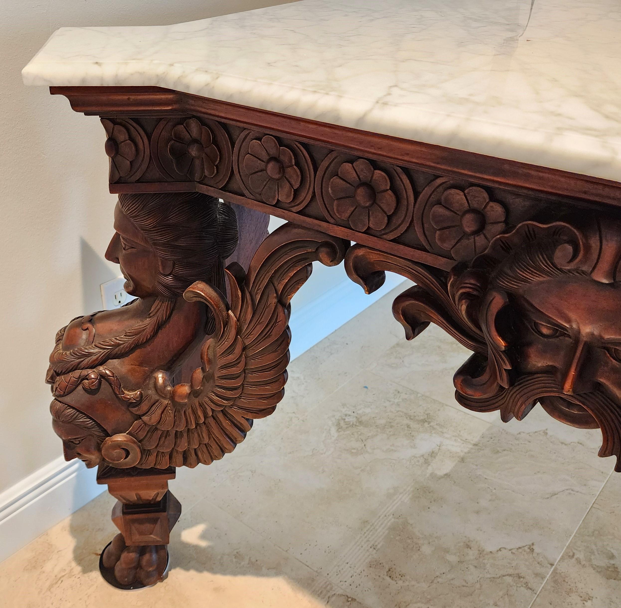 Ancienne table d'entrée de salle à manger baroque italienne en acajou  & Marbre en vente 8