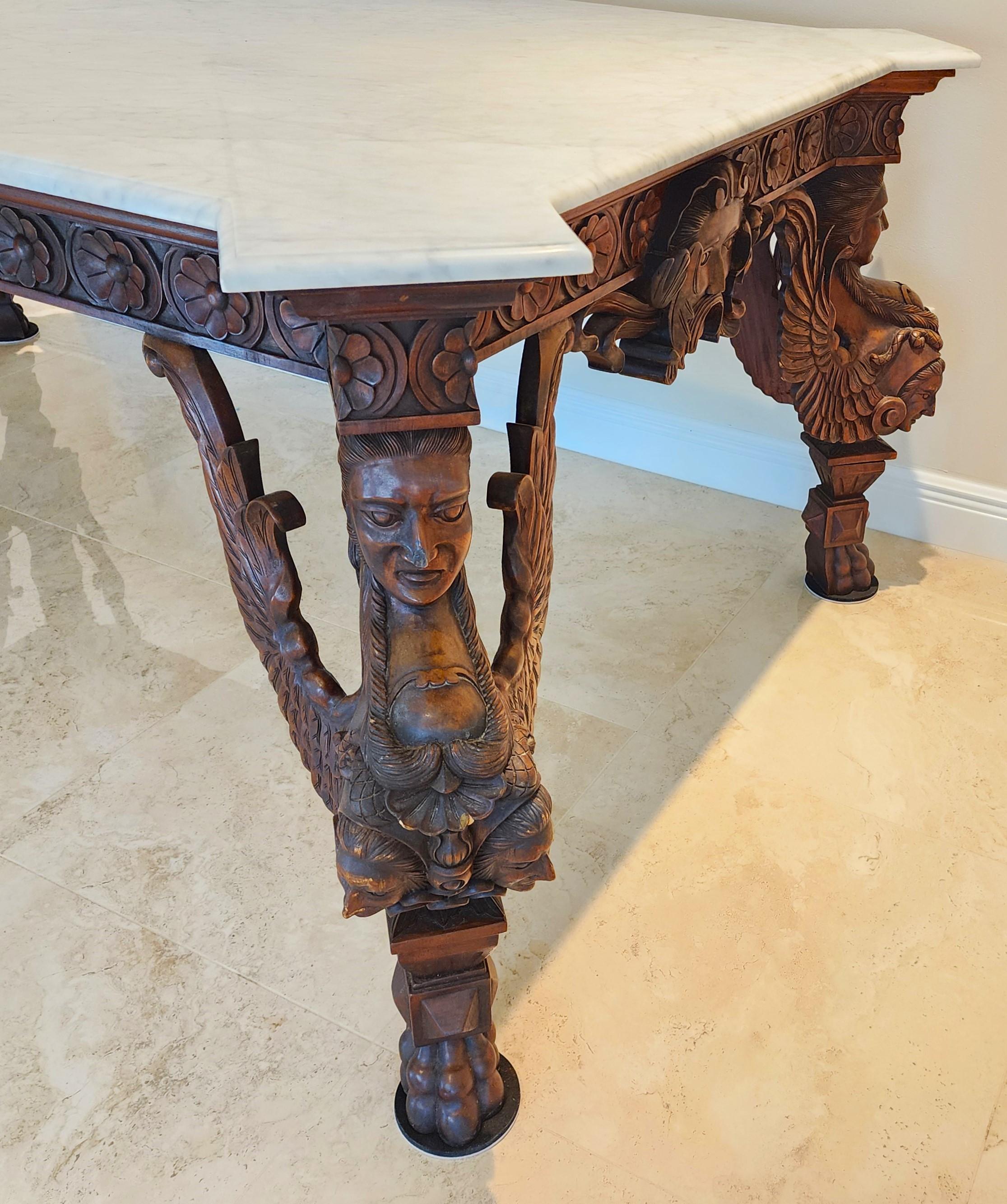 Ancienne table d'entrée de salle à manger baroque italienne en acajou  & Marbre en vente 10