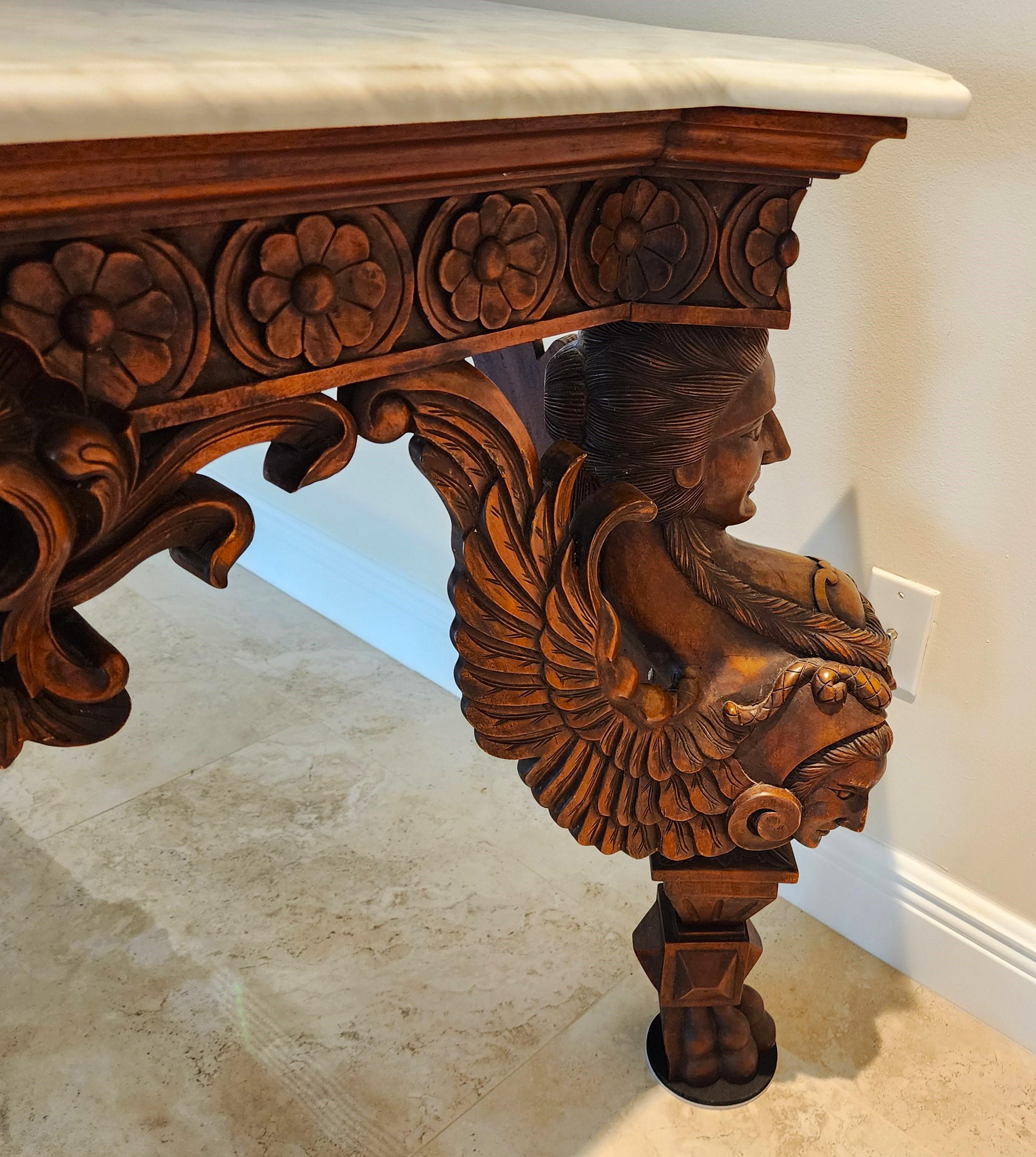Ancienne table d'entrée de salle à manger baroque italienne en acajou  & Marbre en vente 11