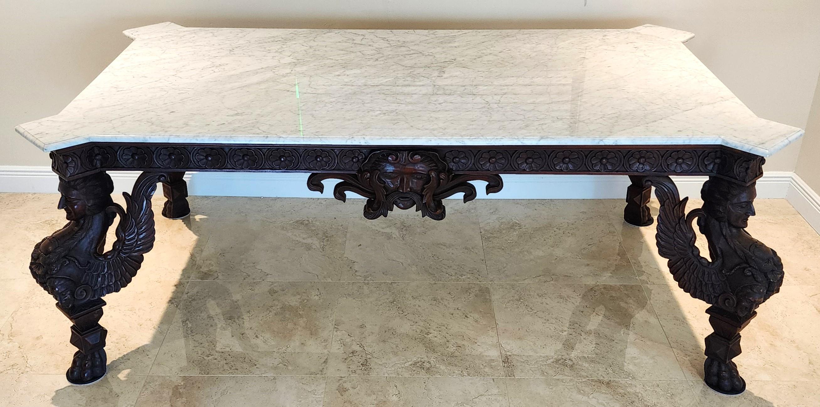 Néo-baroque Ancienne table d'entrée de salle à manger baroque italienne en acajou  & Marbre en vente