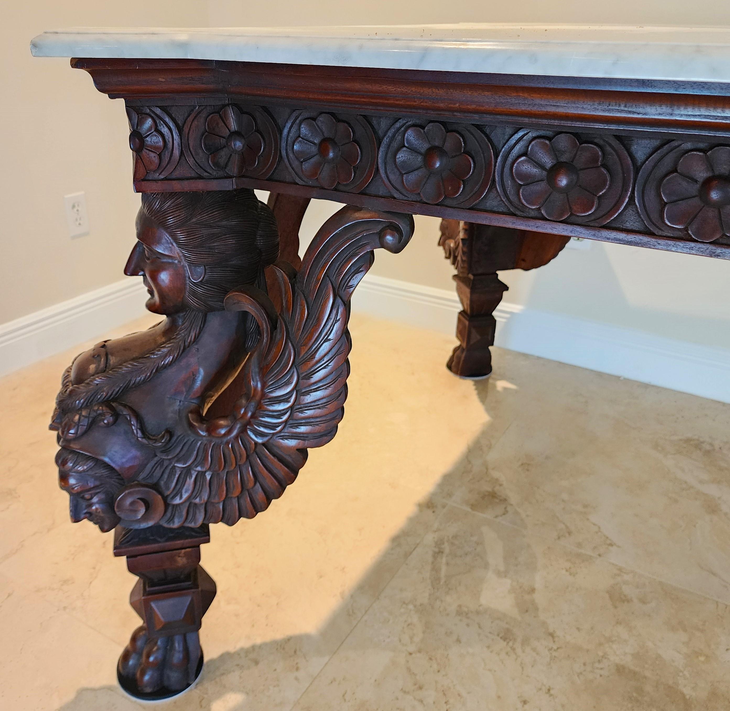 Ancienne table d'entrée de salle à manger baroque italienne en acajou  & Marbre en vente 2