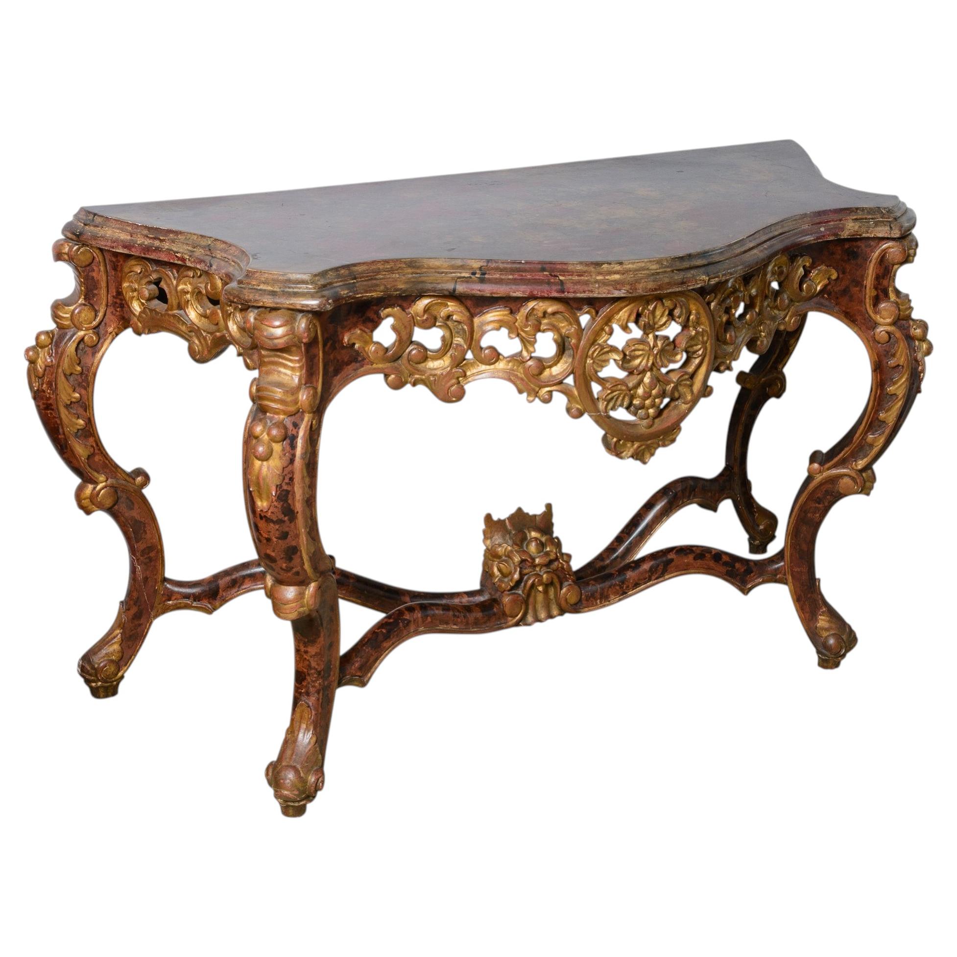Antique Italian Baroque Faux Tortoiseshell & Gilt Wood Console Table For Sale