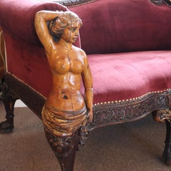 Antique Italian Baroque Figural Carved Walnut Curved Sofa with Women & Cherubs