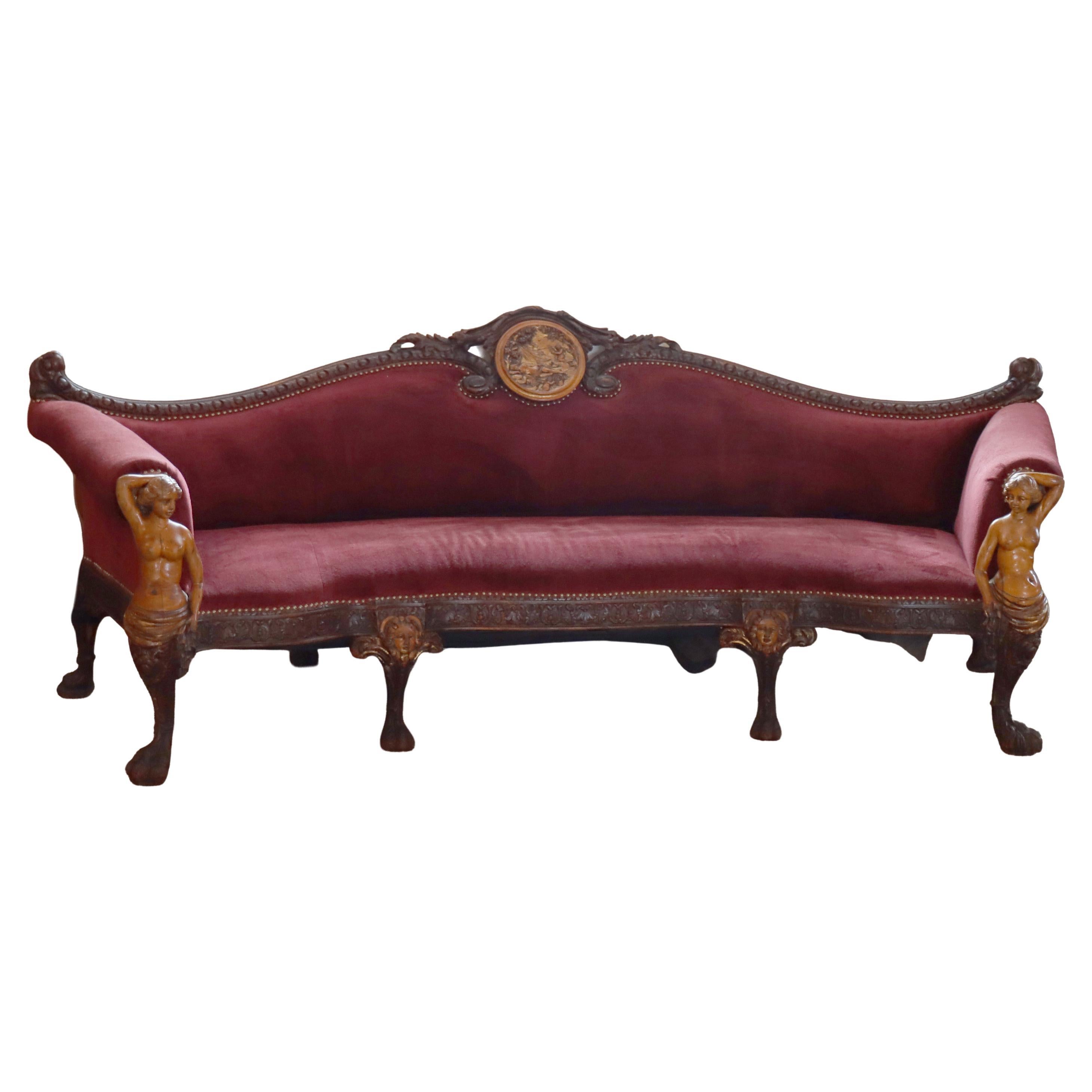 Antique Italian Baroque Figural Carved Walnut Curved Sofa with Women 
Cherubs