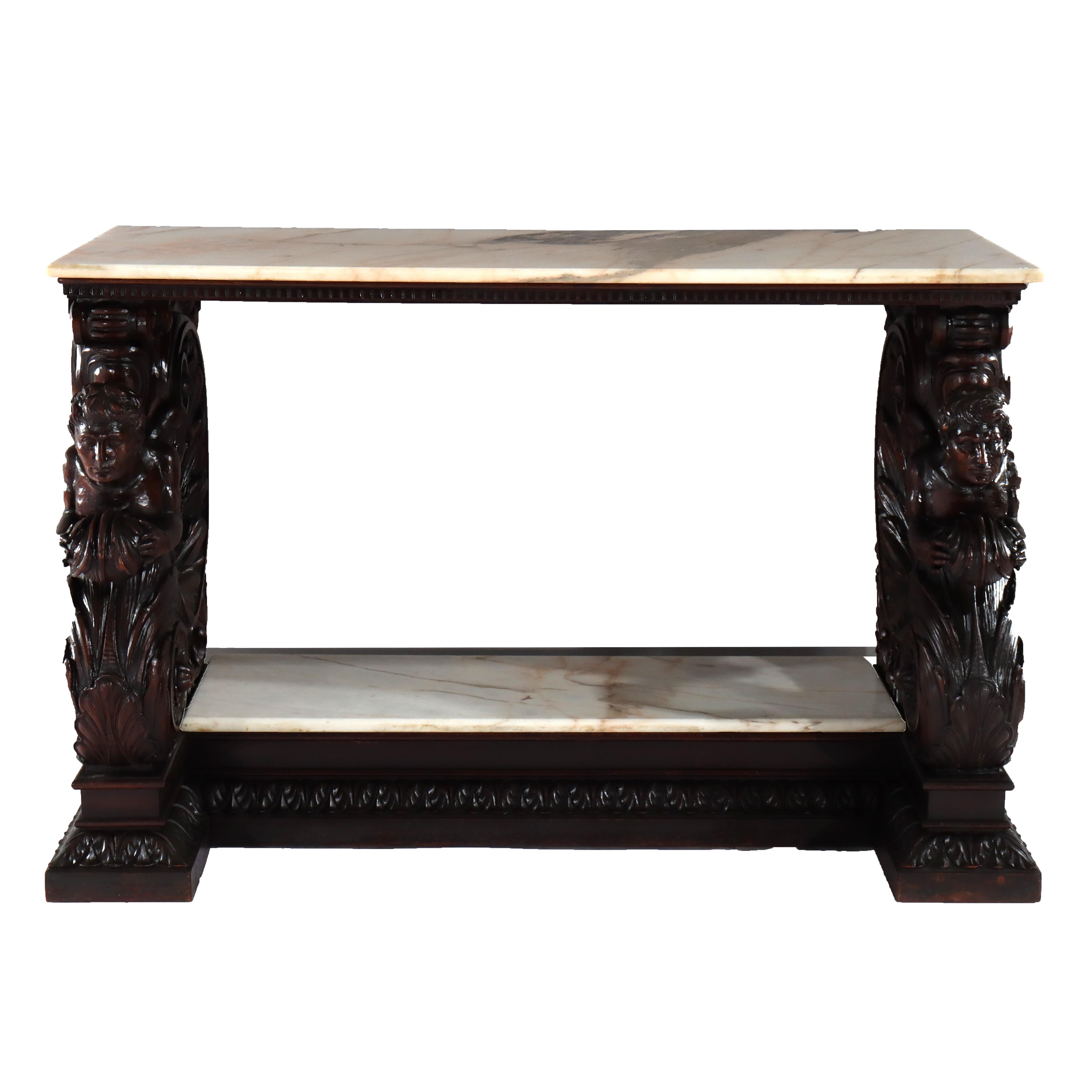Antigua mesa consola barroca italiana de madera de nogal tallada y tapa de mármol S. XVIII en venta 5