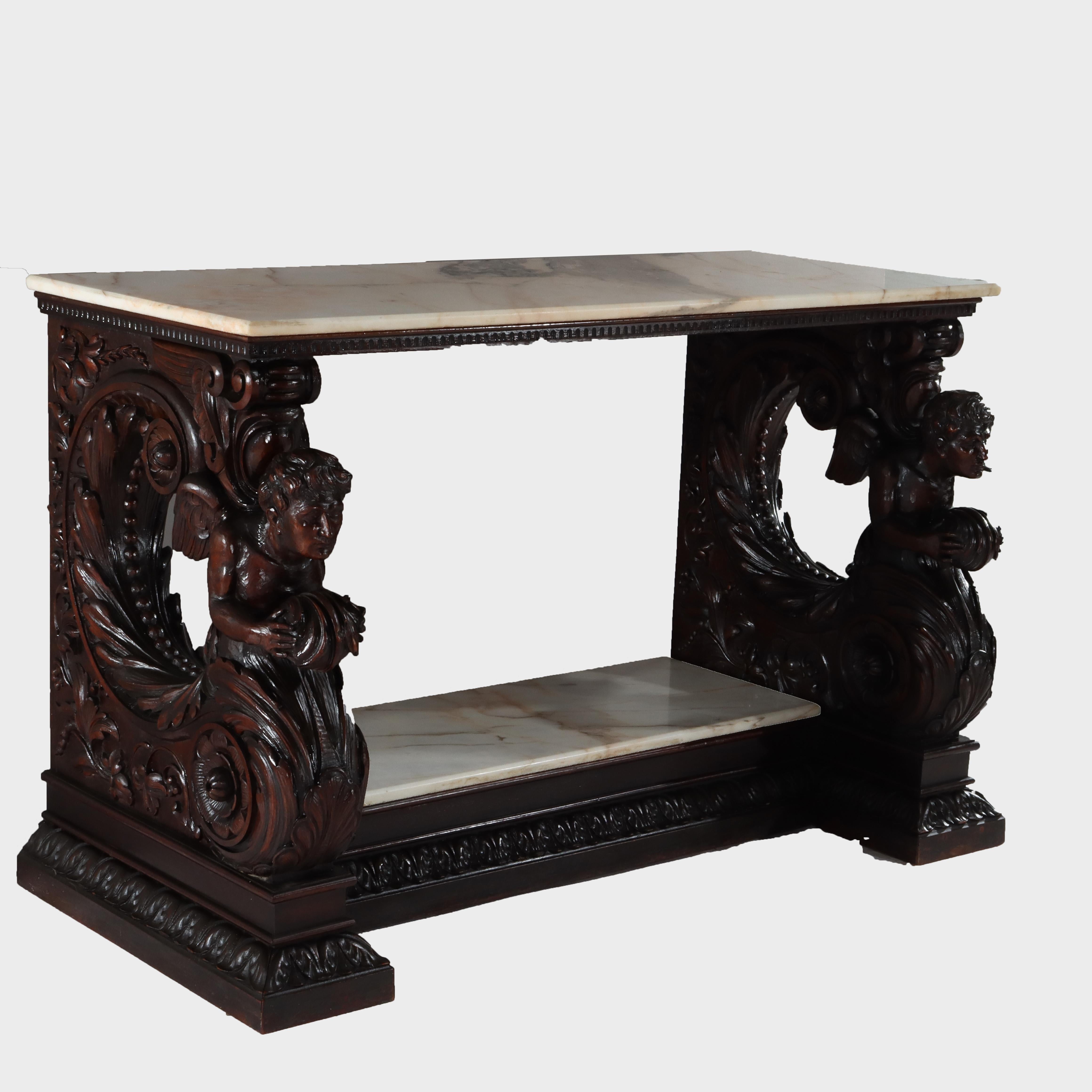 Antigua mesa consola barroca italiana de madera de nogal tallada y tapa de mármol S. XVIII en venta 6