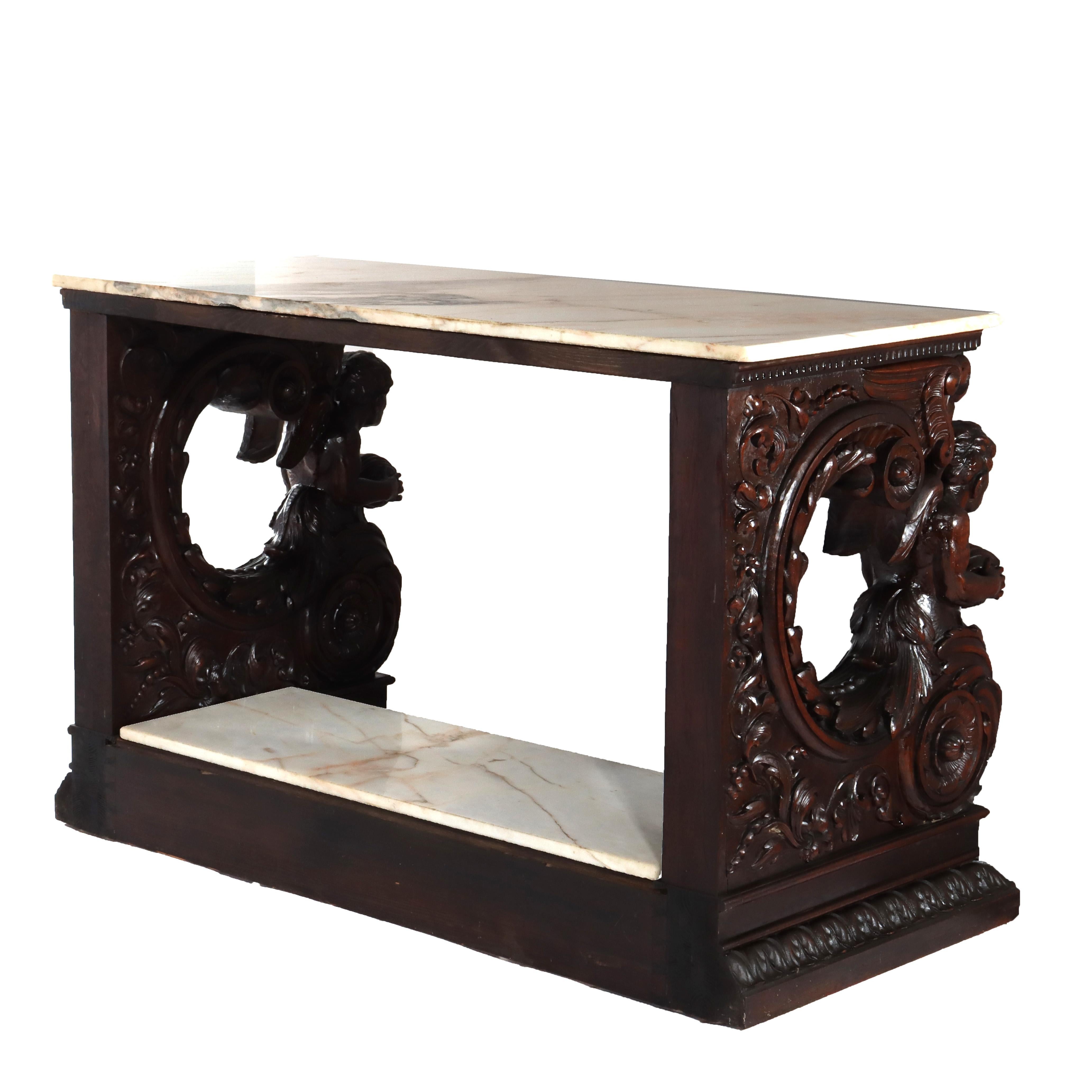 Antigua mesa consola barroca italiana de madera de nogal tallada y tapa de mármol S. XVIII en venta 7
