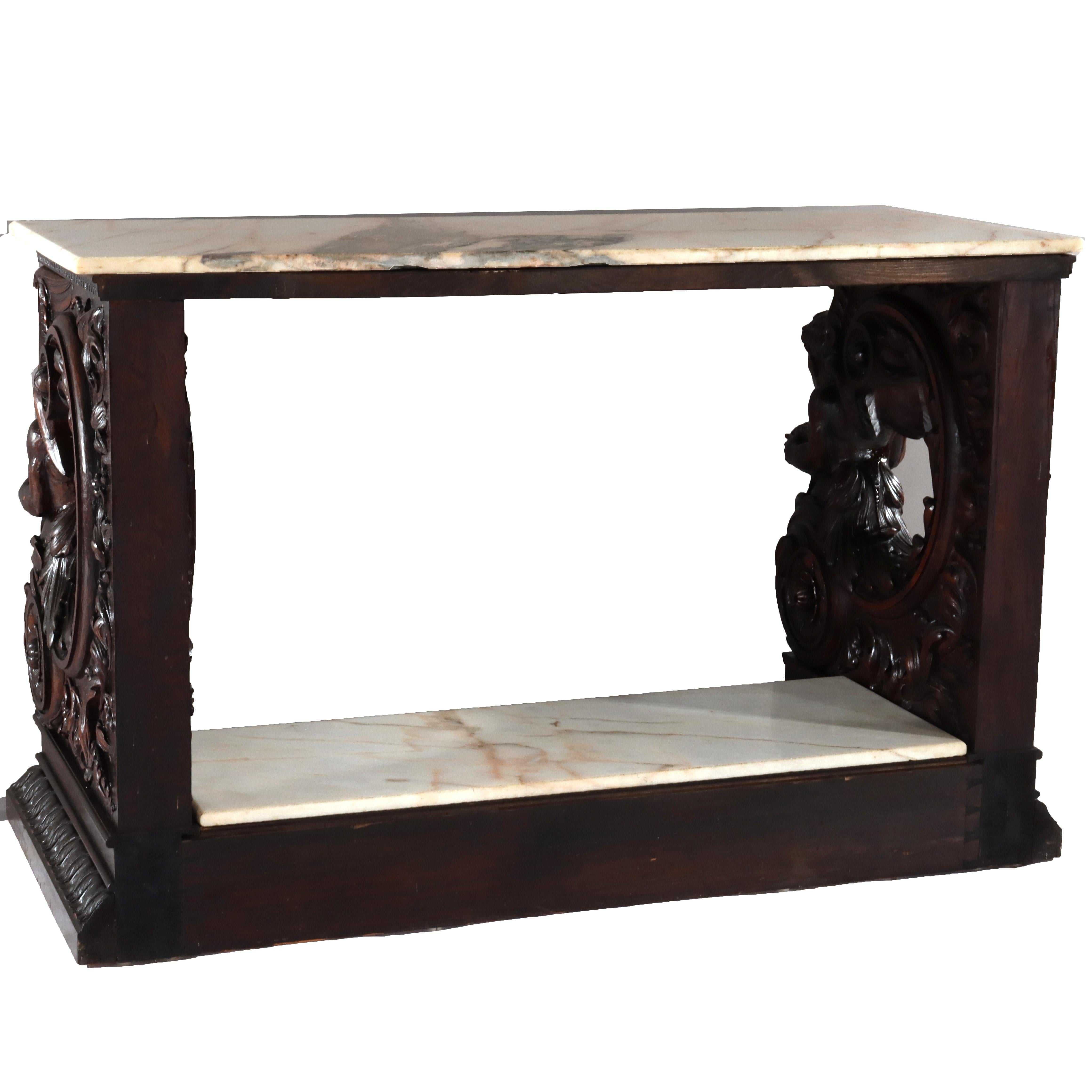 Antigua mesa consola barroca italiana de madera de nogal tallada y tapa de mármol S. XVIII en venta 8