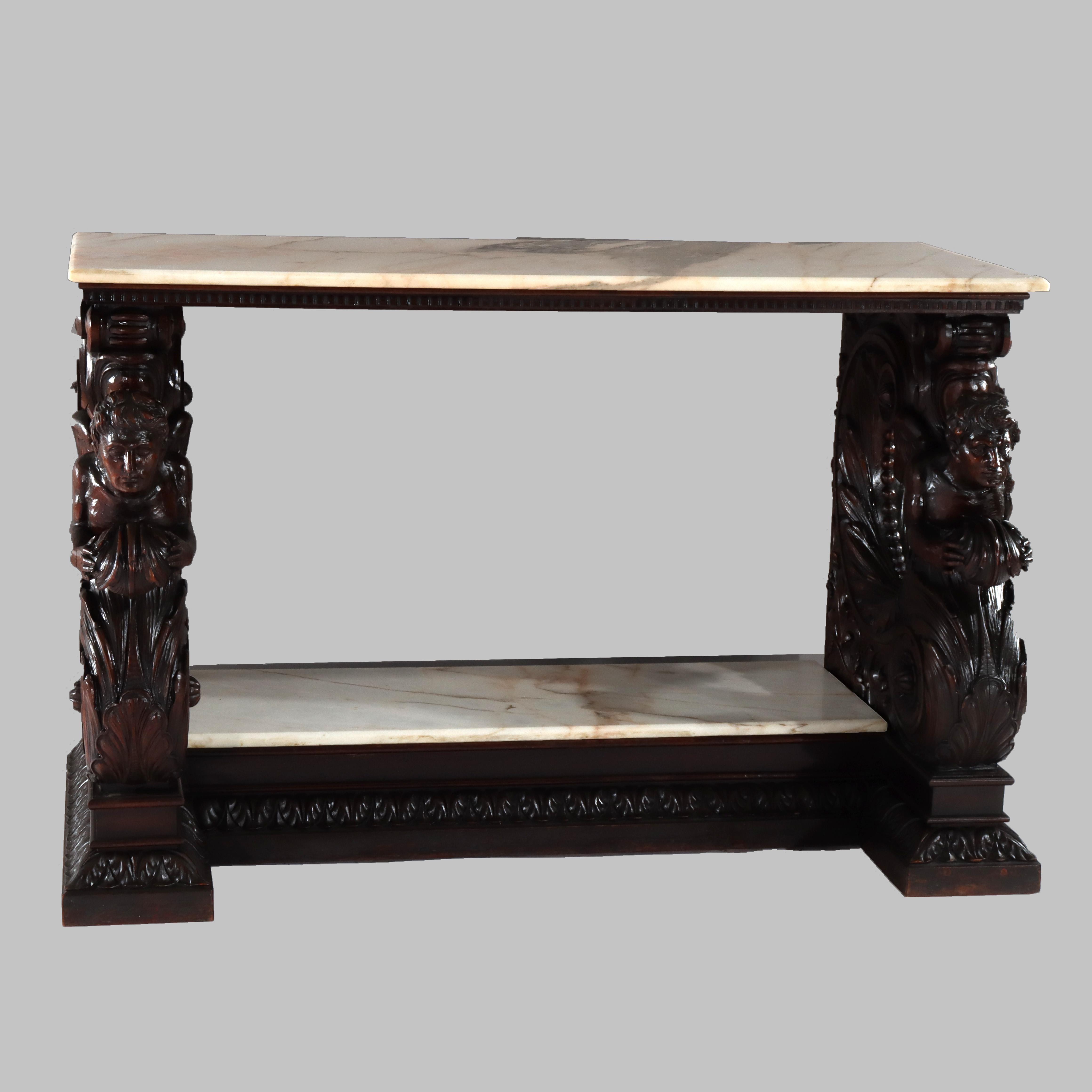 Antigua mesa consola barroca italiana de madera de nogal tallada y tapa de mármol S. XVIII Barroco en venta