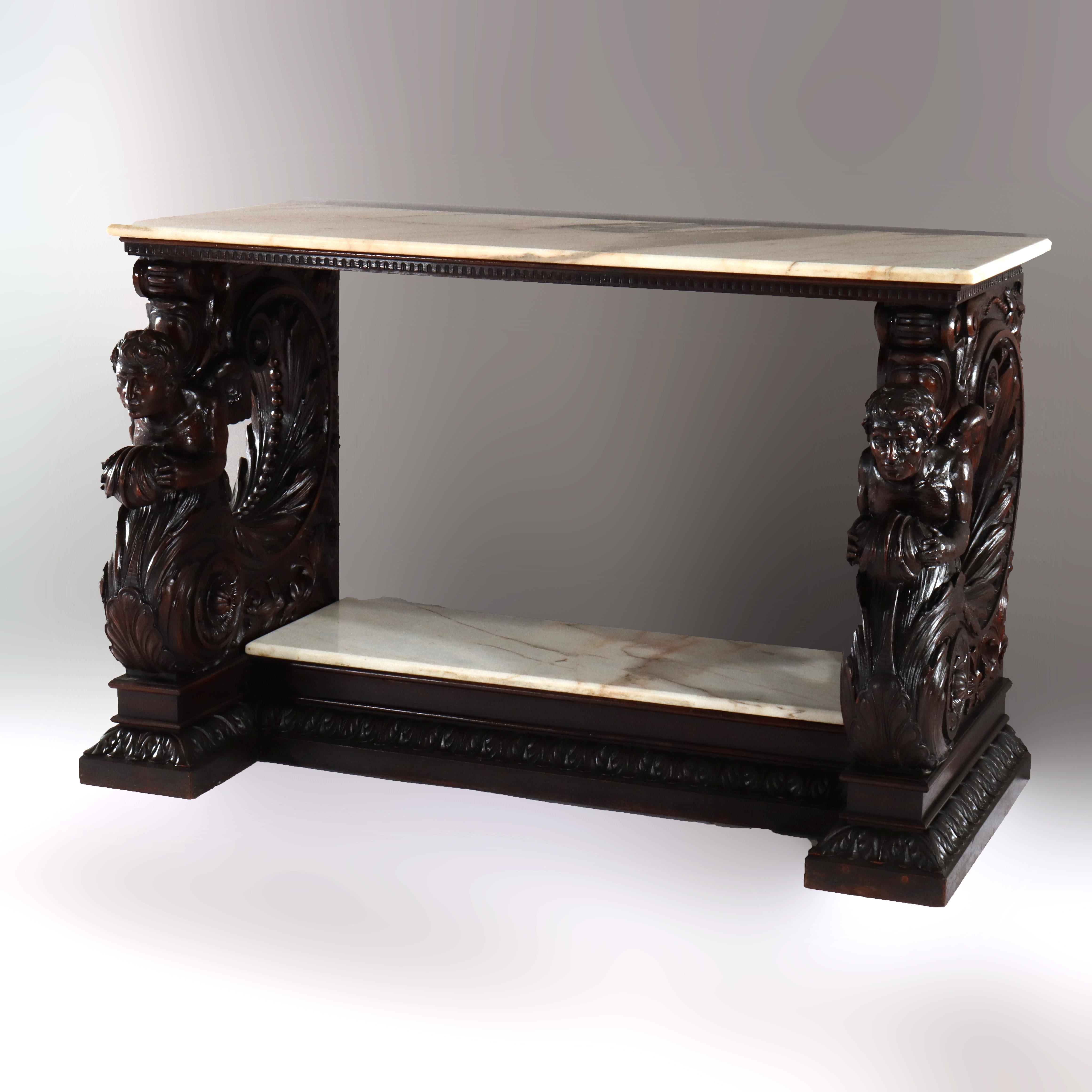 Antigua mesa consola barroca italiana de madera de nogal tallada y tapa de mármol S. XVIII en Bueno estado para la venta en Big Flats, NY