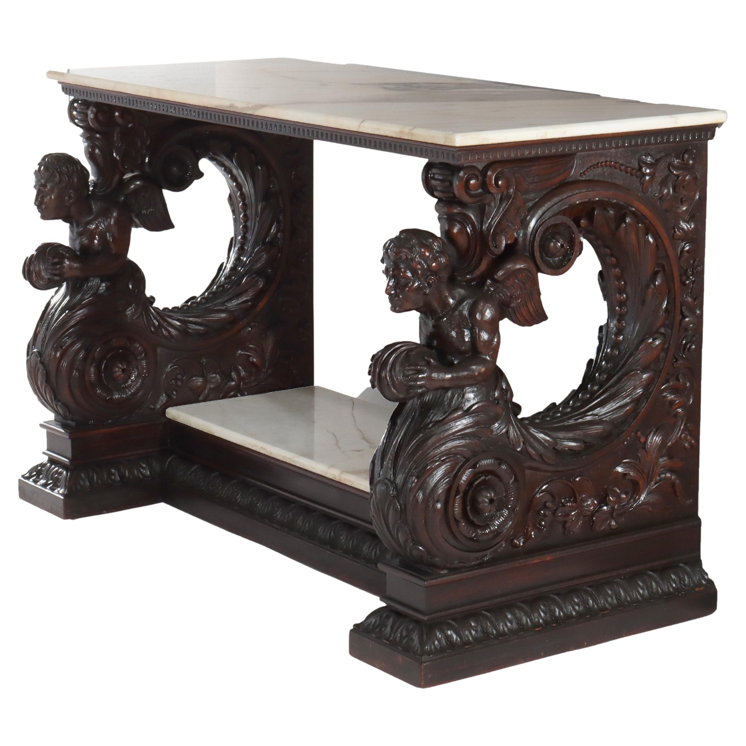 Antigua mesa consola barroca italiana de madera de nogal tallada y tapa de mármol S. XVIII en venta