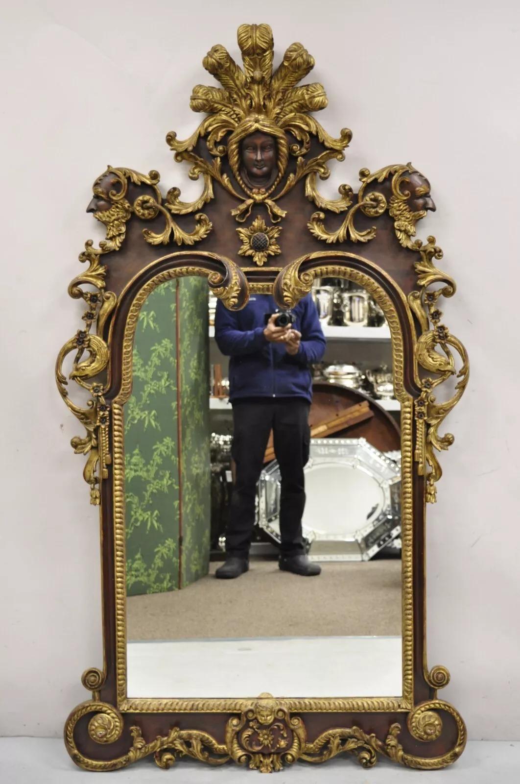 Antique Italian Baroque Figural Mahogany Giltwood Large Wall Mirror w/ Faces For Sale 5