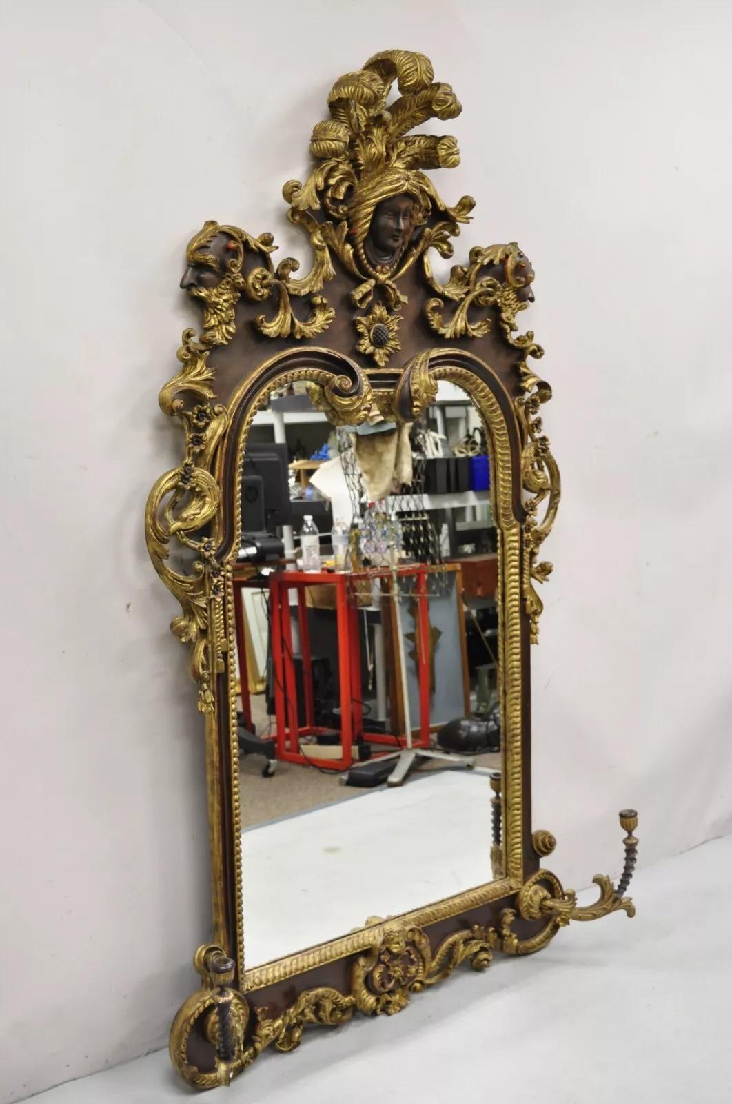 Antique Italian Baroque Figural Mahogany Giltwood Large Wall Mirror w/ Faces For Sale 6