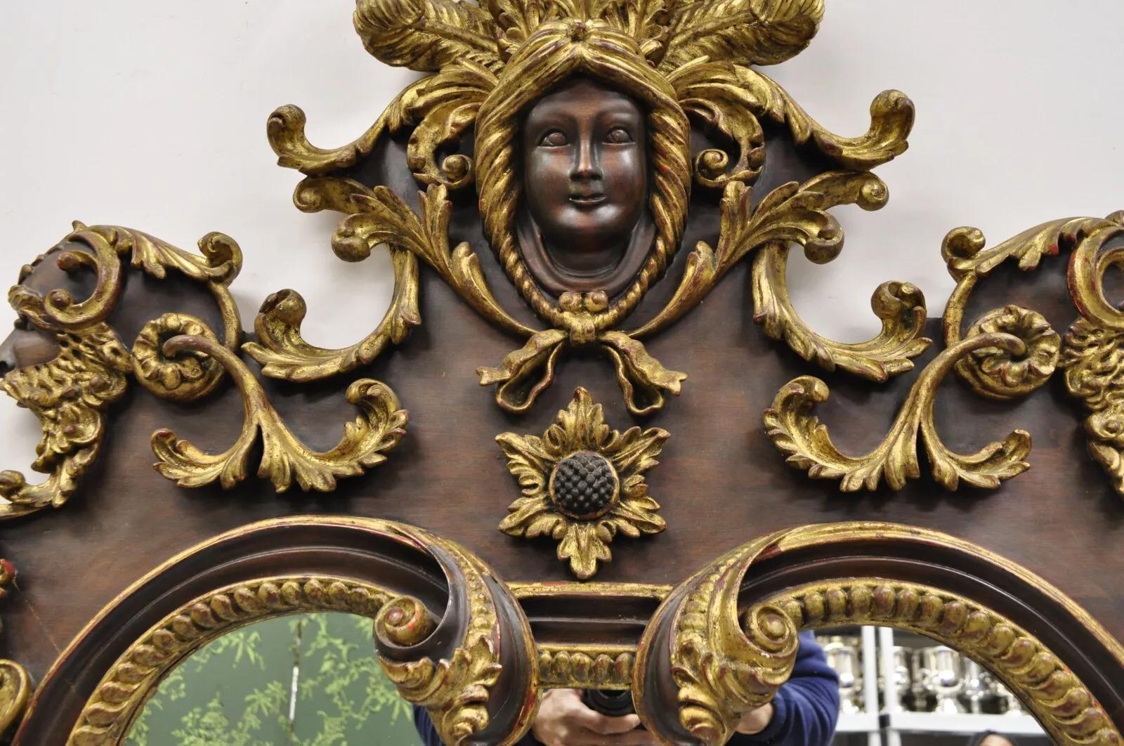 Antique Italian Baroque Figural Mahogany Giltwood Large Wall Mirror w/ Faces For Sale 7