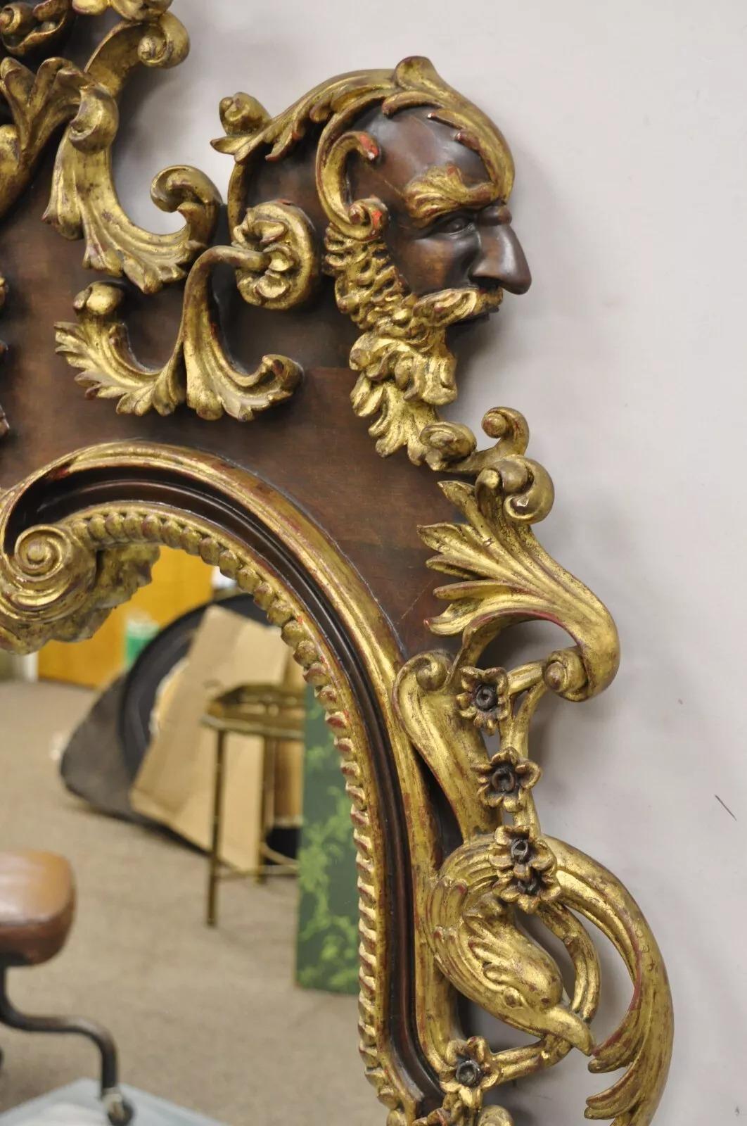 Antique Italian Baroque Figural Mahogany Giltwood Large Wall Mirror w/ Faces For Sale 8