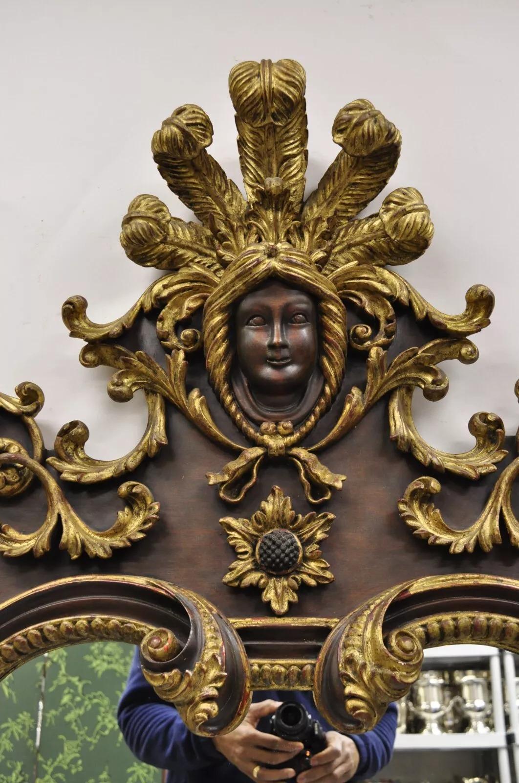 Unknown Antique Italian Baroque Figural Mahogany Giltwood Large Wall Mirror w/ Faces For Sale