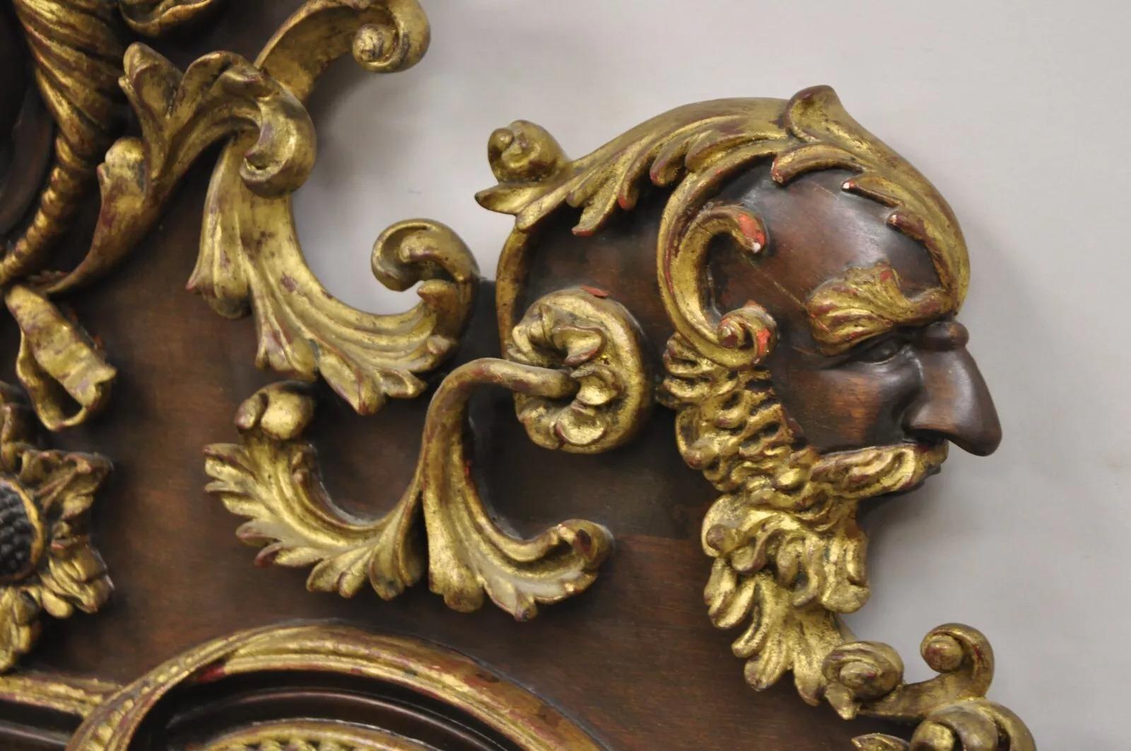 20th Century Antique Italian Baroque Figural Mahogany Giltwood Large Wall Mirror w/ Faces For Sale