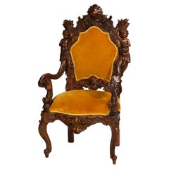 Antique Italian Baroque Fratelli Deeply Carved Figural Walnut Arm Chair 19th C