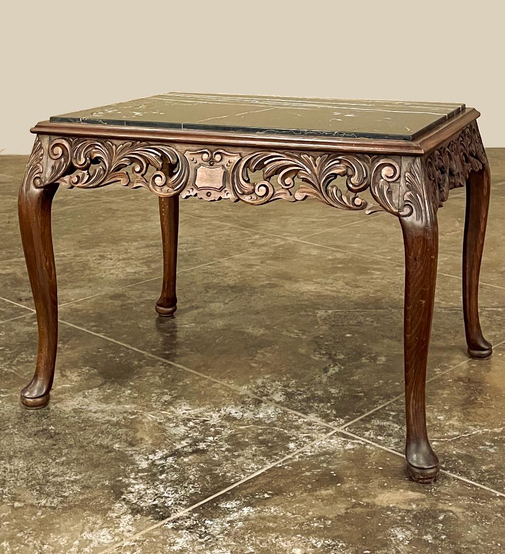 Hand-Crafted Antique Italian Baroque Fruitwood Marble Top Coffee Table For Sale