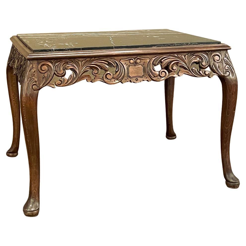 Table basse baroque italienne ancienne en bois fruitier avec plateau en marbre