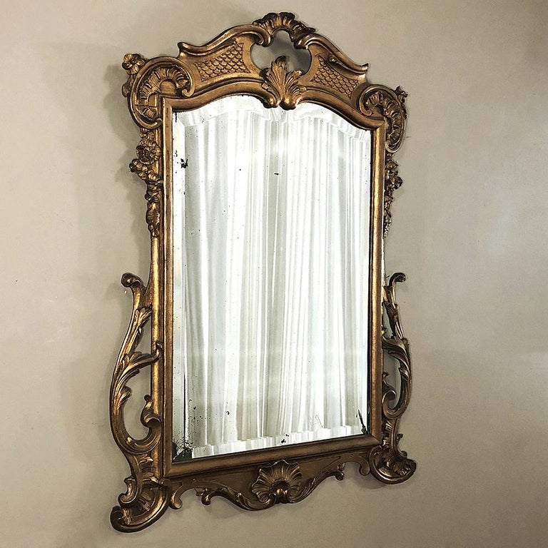 Beveled Antique Italian Baroque Gilded Hand Carved Wood Mirror For Sale