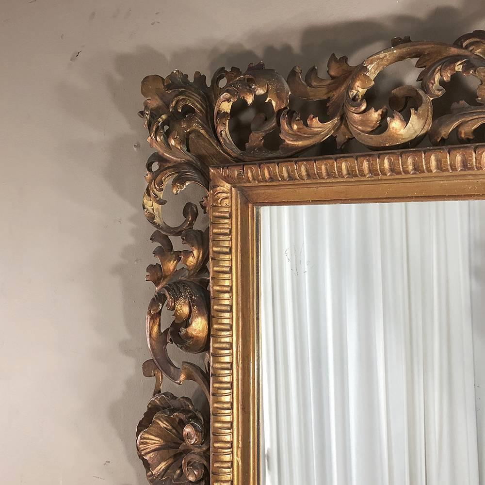 20th Century Antique Italian Baroque Giltwood Hand-Carved Mirror