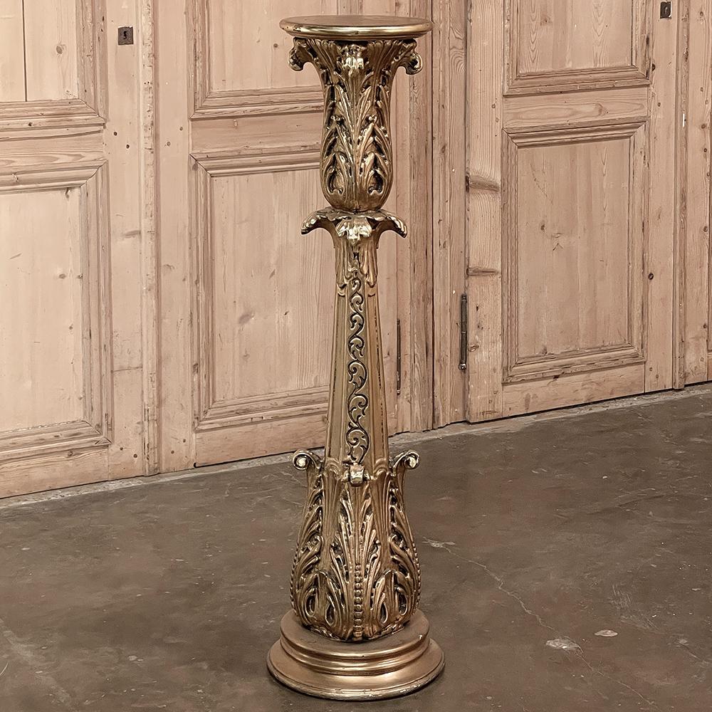 Sculpted from solid wood then given a gilt finish that provides stunning opulence, this Antique Italian Baroque Pedestal will be the ideal way to display your cherished sculpture, vase or objet d'art! Bold acanthus fronds beckon from the base, and