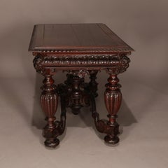 Antique Italian Baroque Hand Carved Figural Mahogany Library Table, circa 1890