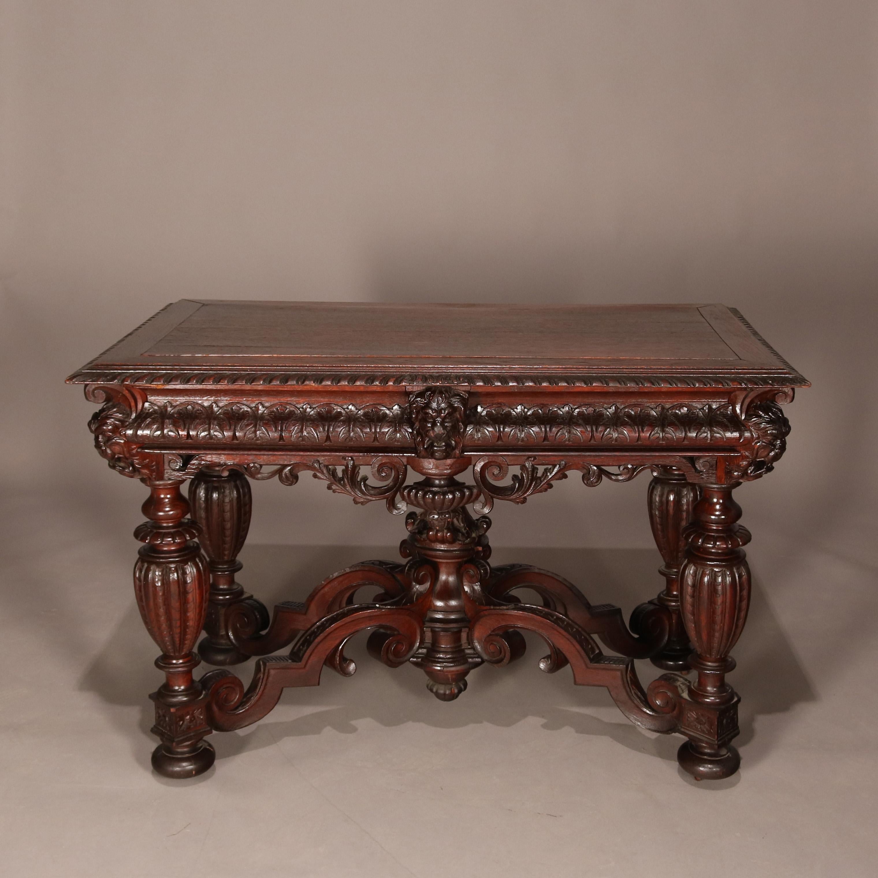Antique Italian Baroque Hand Carved Figural Mahogany Library Table, circa 1890 In Good Condition In Big Flats, NY