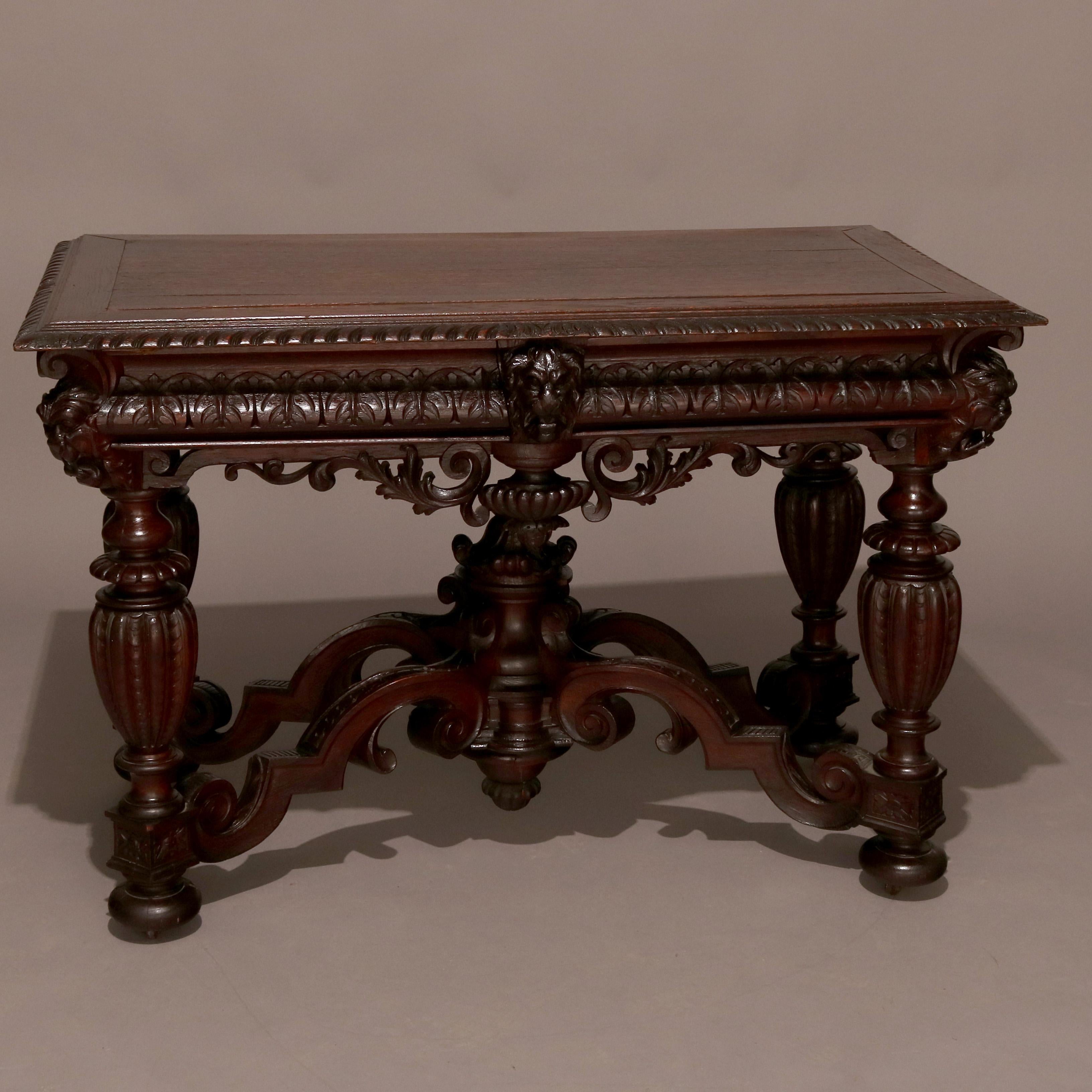Antique Italian Baroque Hand Carved Figural Mahogany Library Table, circa 1890 1
