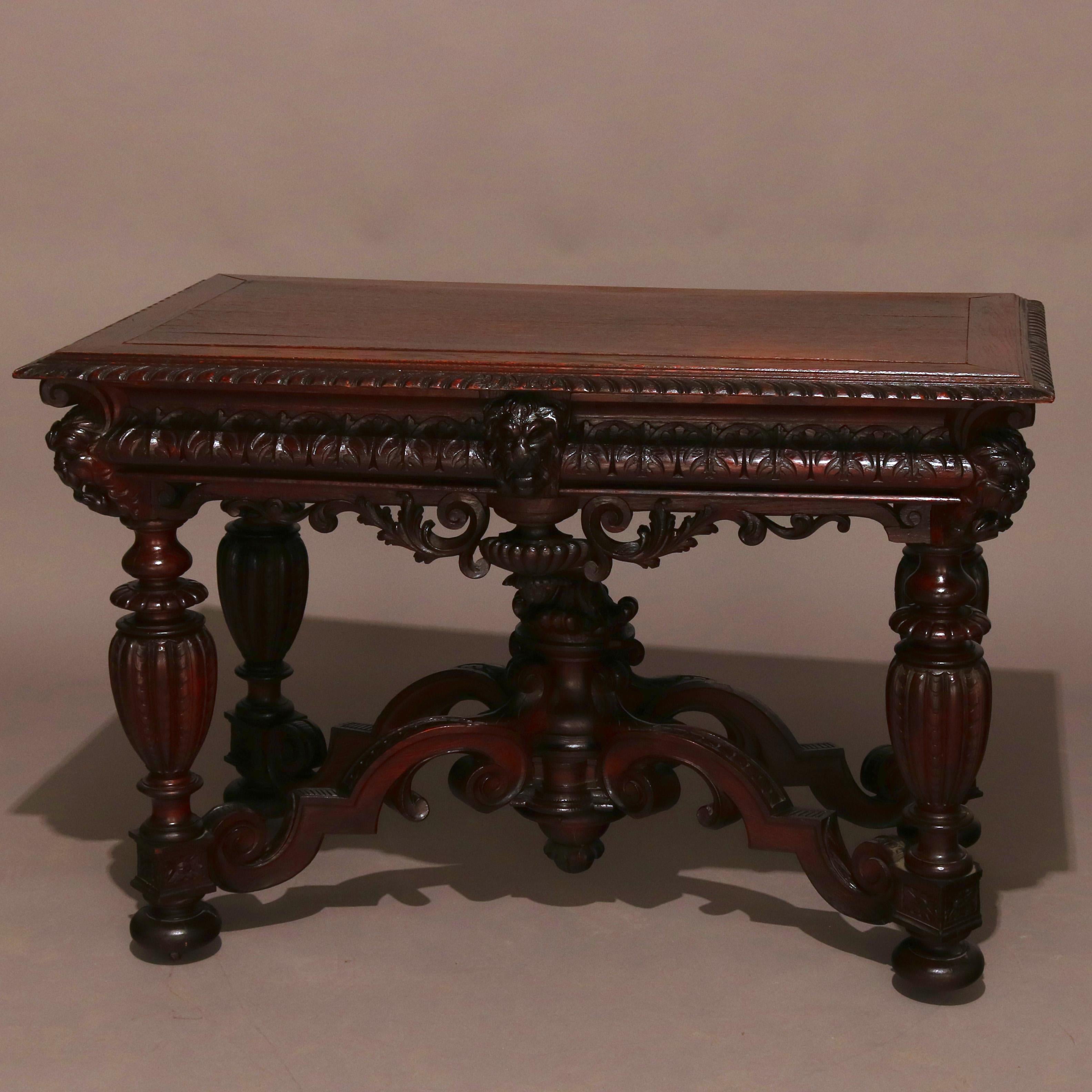 Antique Italian Baroque Hand Carved Figural Mahogany Library Table, circa 1890 2