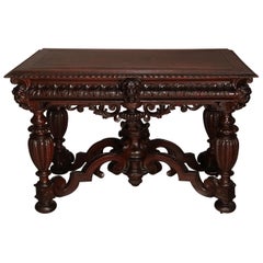 Antique Italian Baroque Hand Carved Figural Mahogany Library Table, circa 1890