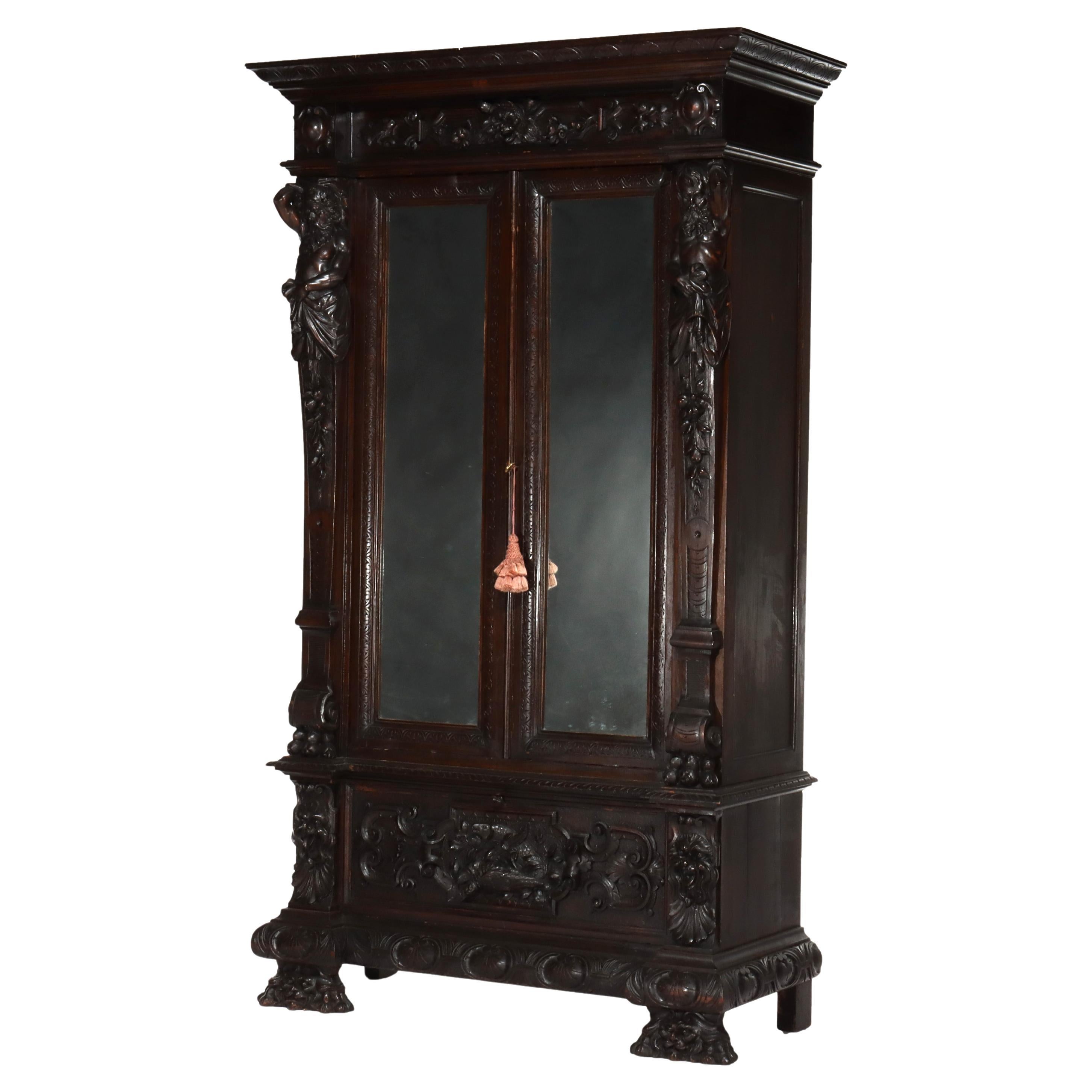 Antique Italian Baroque Heavily Figural Carved Walnut Armoire C1890