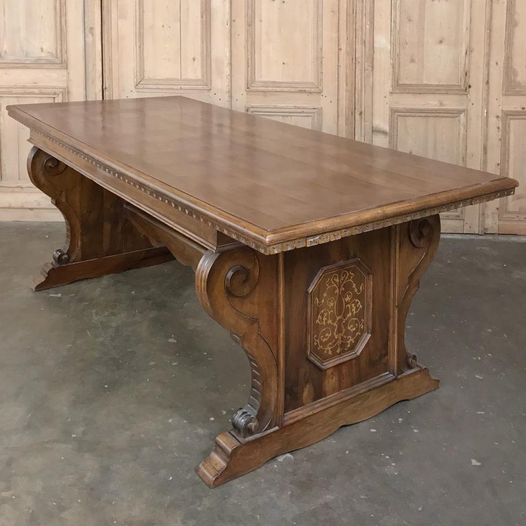 Antique Italian Baroque Inlaid Walnut Draw Leaf Dining Table For Sale