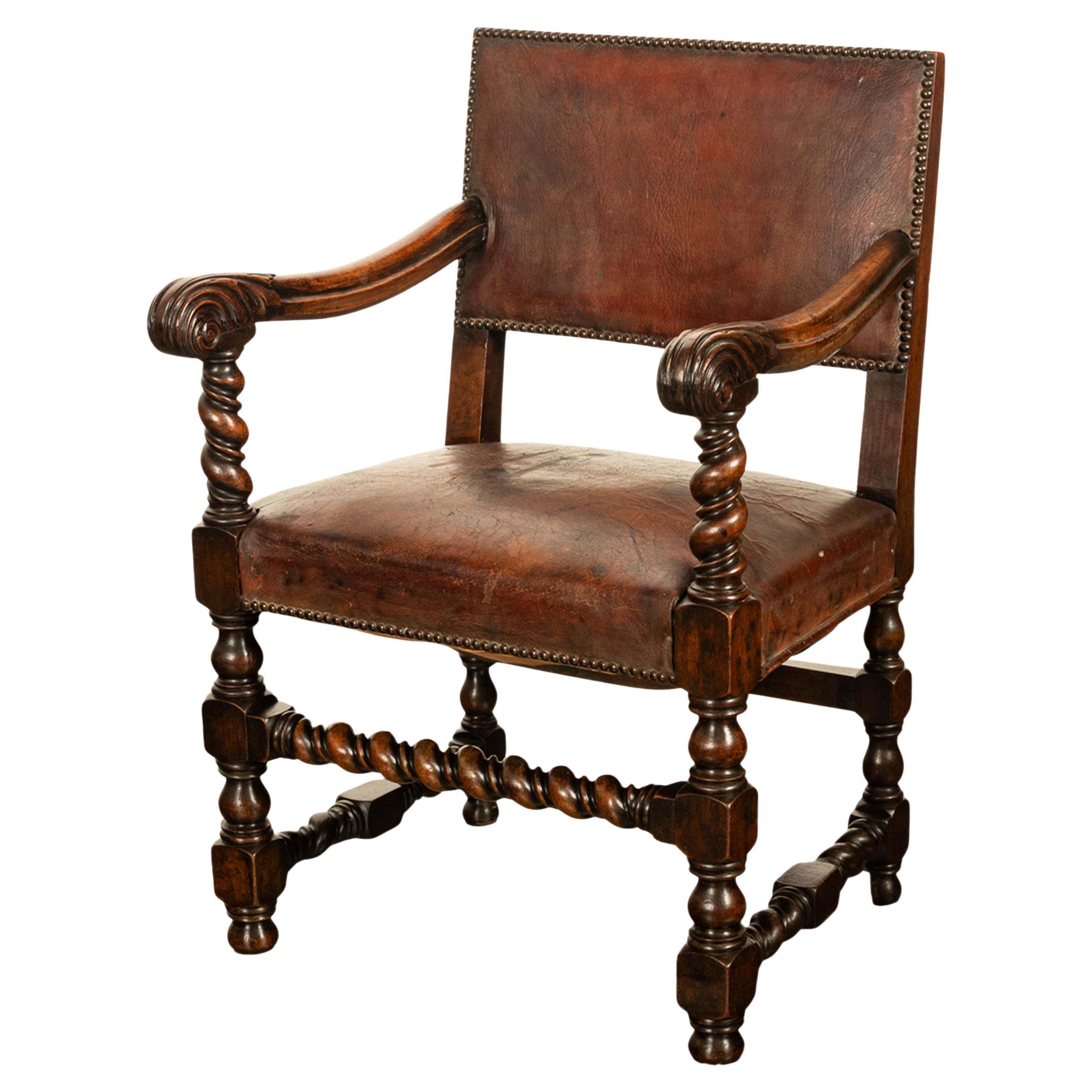 Antique Italian Baroque Leather 
Barley Twist Carved Mahogany Arm Chair 1820 For Sale