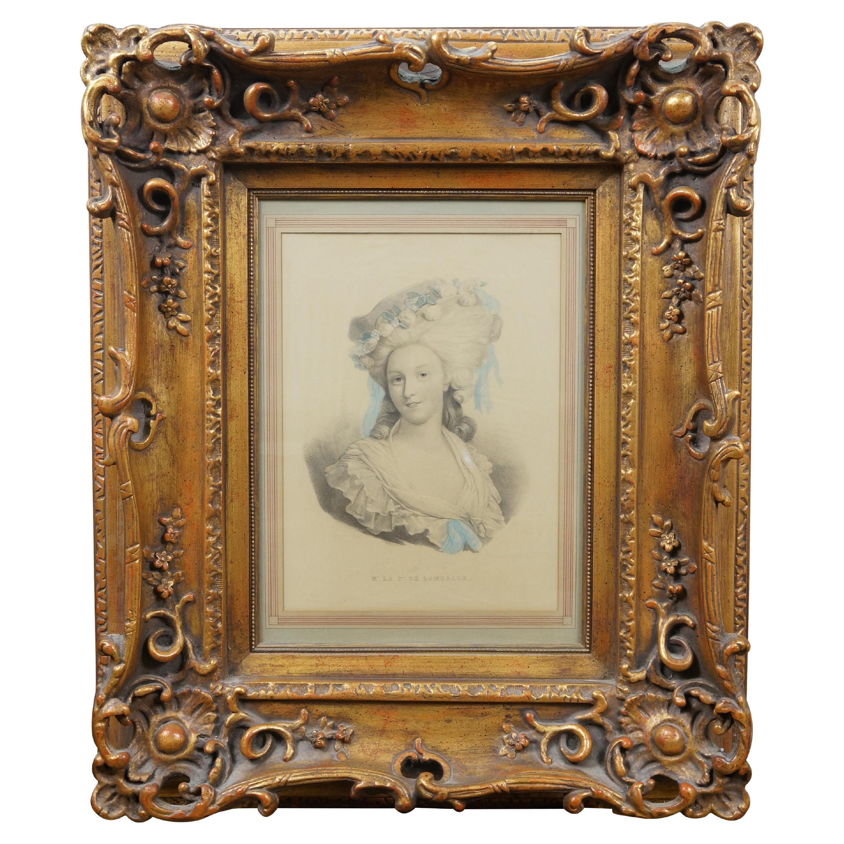 Antique Italian Baroque Madame la Princesse de Lamballe Lithograph Print Framed For Sale