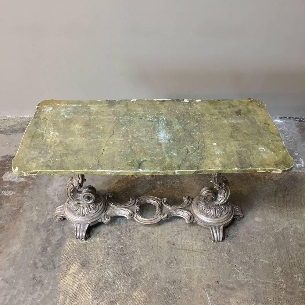 Hand-Carved Antique Italian Baroque Silvered Painted Coffee Table with with Faux Marble