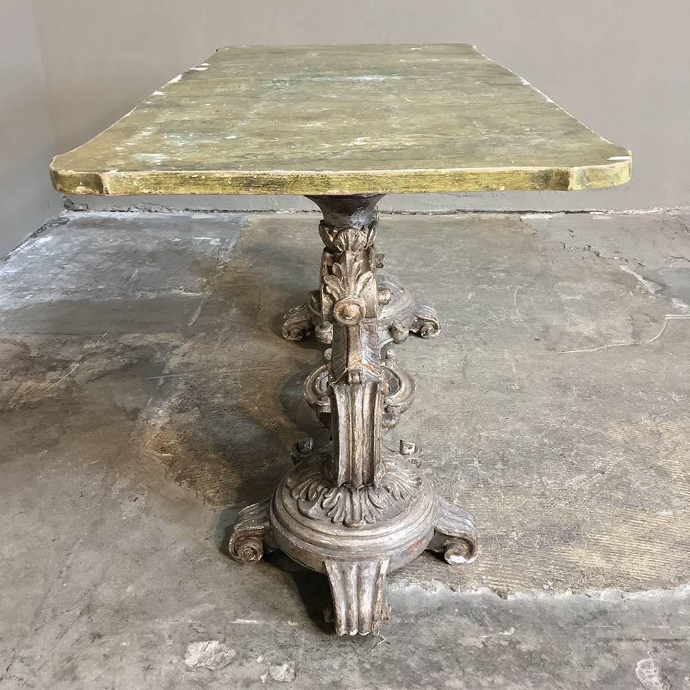 Antique Italian Baroque Silvered Painted Coffee Table with with Faux Marble In Good Condition In Dallas, TX