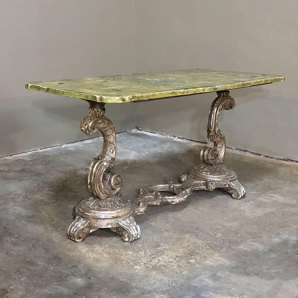 20th Century Antique Italian Baroque Silvered Painted Coffee Table with with Faux Marble