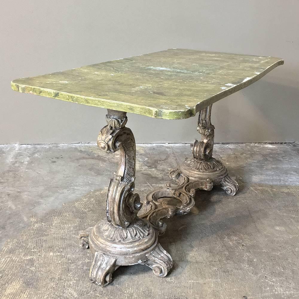 Hardwood Antique Italian Baroque Silvered Painted Coffee Table with with Faux Marble