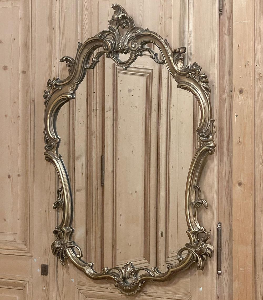 Hand-Carved Antique Italian Baroque Patinaed Giltwood Mirror For Sale